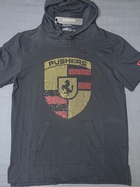 Hudson Jeans Black Hoodie with Yellow and Red Shield Stud Design